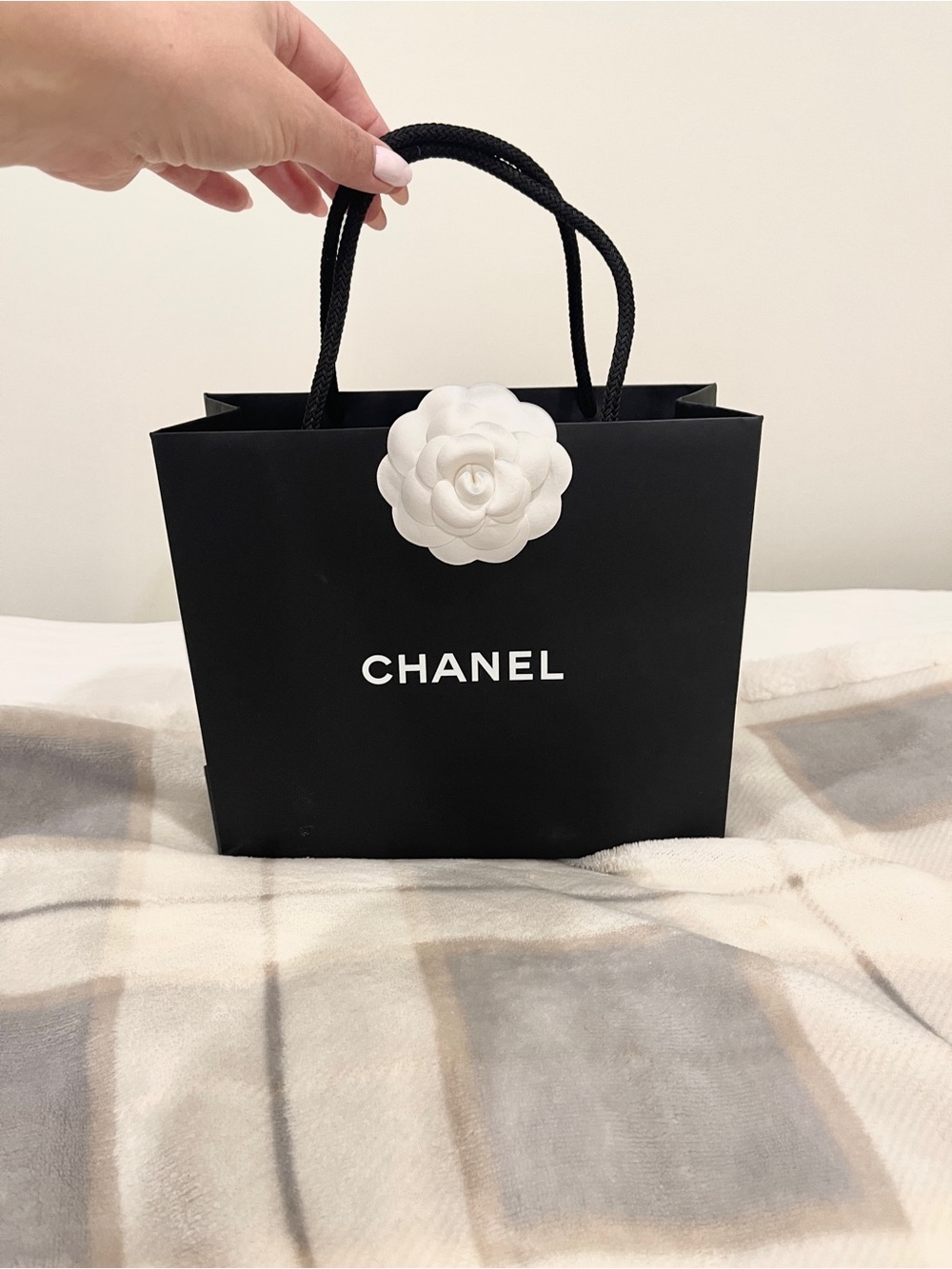 CHANEL Black Mini Shopping Bag with White Camellia